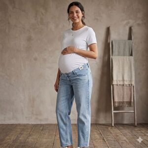 HM Mama Jeans Size XL Light Blue Distressed Crop Straight Leg Maternity Denim
